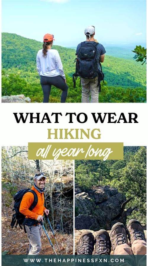 view of fall hiking outfits for men and women, hiking in December with fleece layer jacket + gaiter, view of Oboz hiking shoes with overlay text that says, "What to Wear Hiking All Year Long"