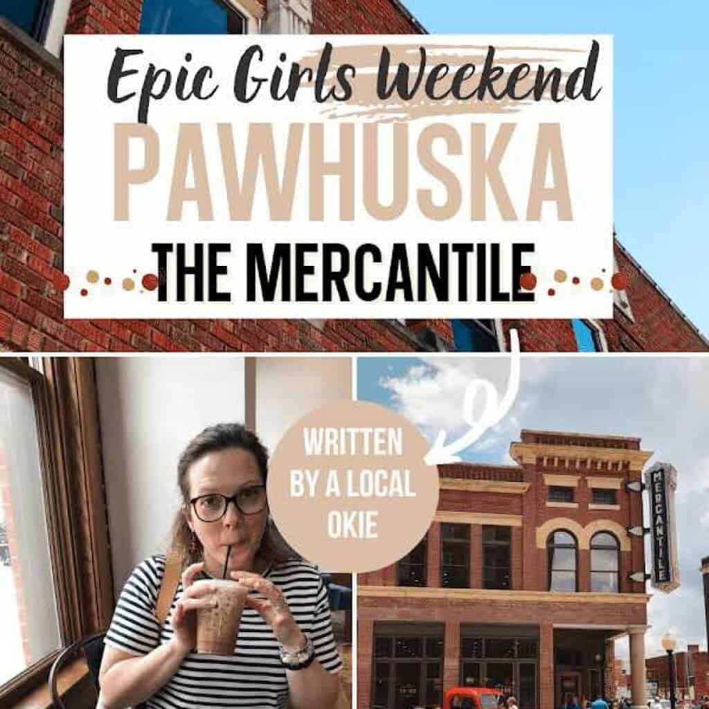 Old brick building in Pawhuska Oklahoma, the pioneer woman mercantile storefront, girl drinking spicy cowgirl coffee at the p.w. bakery