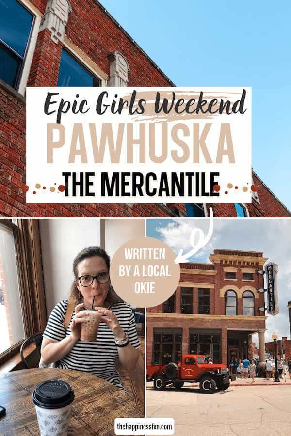 old brick building in Pawhuska Oklahoma, the pioneer woman mercantile storefront, girl drinking spicy cowgirl coffee at the p.w. bakery