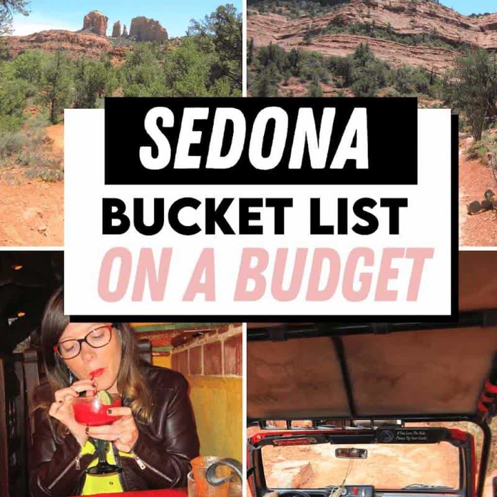 top left photo: Little Horse trail view, top right photo: Bell Rock view, bottom left photo: drinking a margarita, bottom right photo: jeep tour in Sedona
