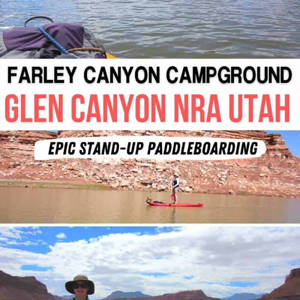 Top photo: SUP through Farley Canyon with desert and lake views, middle photo: girl and dog on SUP at Lake Powell, bottom photo: view of Lake Powell