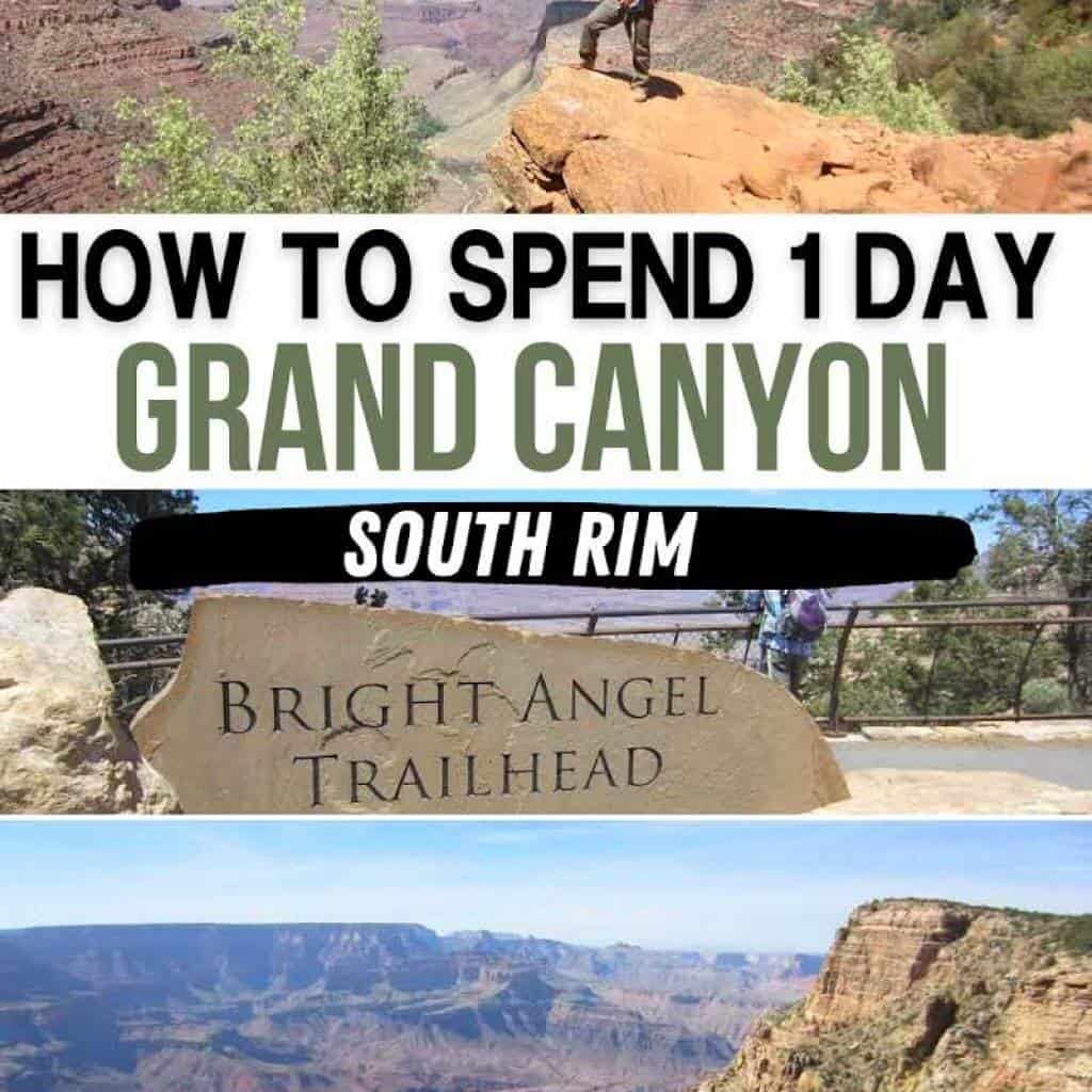 man pointing out over grand canyon south rim overlook, middle photo: bright angel trailhead sign, bottom photo: grand canyon south rim view
