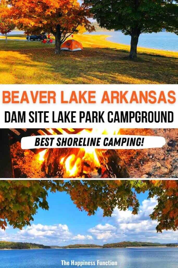 top photo: tent camping on the shore of Beaver Lake, Arkansas, middle photo: campfire, bottom photo: view of Beaver Lake