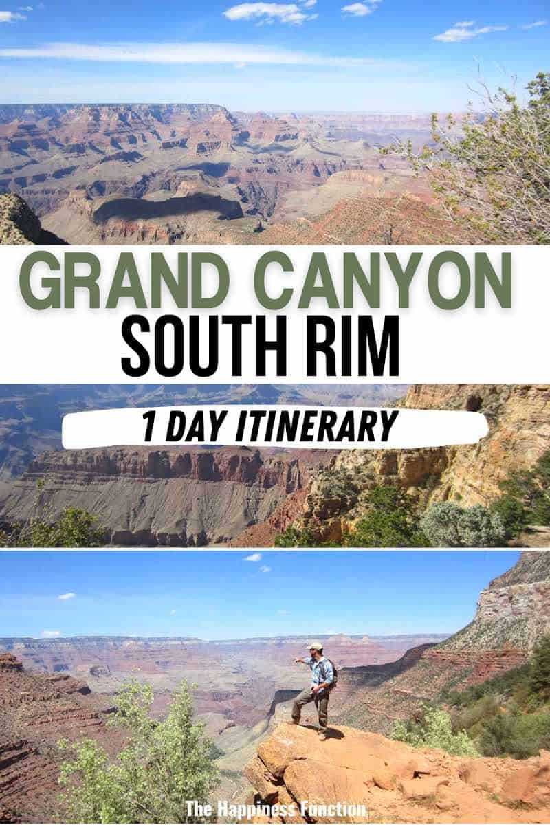 grand canyon south rim overlook, middle photo: view of grand canyon red rock, bottom photo: man pointing out over grand canyon with south rim views