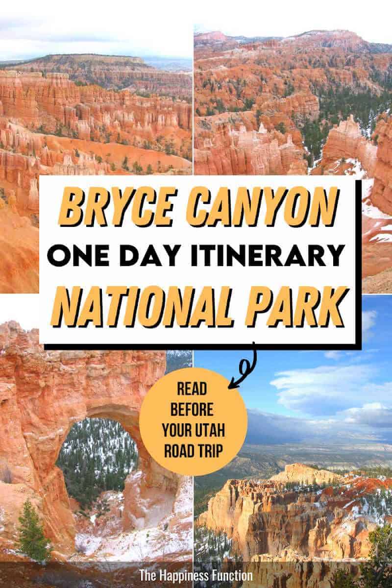 Alt text: top left photo: Bryce Canyon hoodoos, top right photo: Bryce Canyon view with snow on the ground, bottom left photo: Bryce Canyon Arch Natural Bridge, bottom right: Bryce Canyon viewpoint with snow on the ground