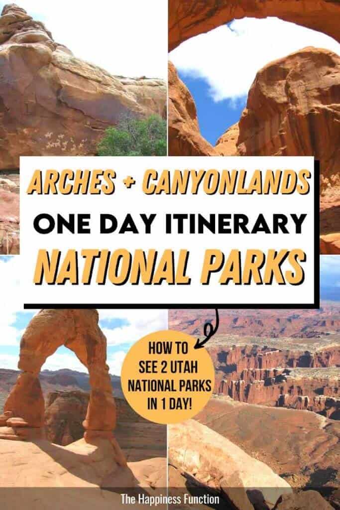 top left photo: Arches National Park rock art, top right: double arch at Arches NP, bottom left: Delicate Arch at Arches National Park, bottom right: Canyonlands Grand View Point