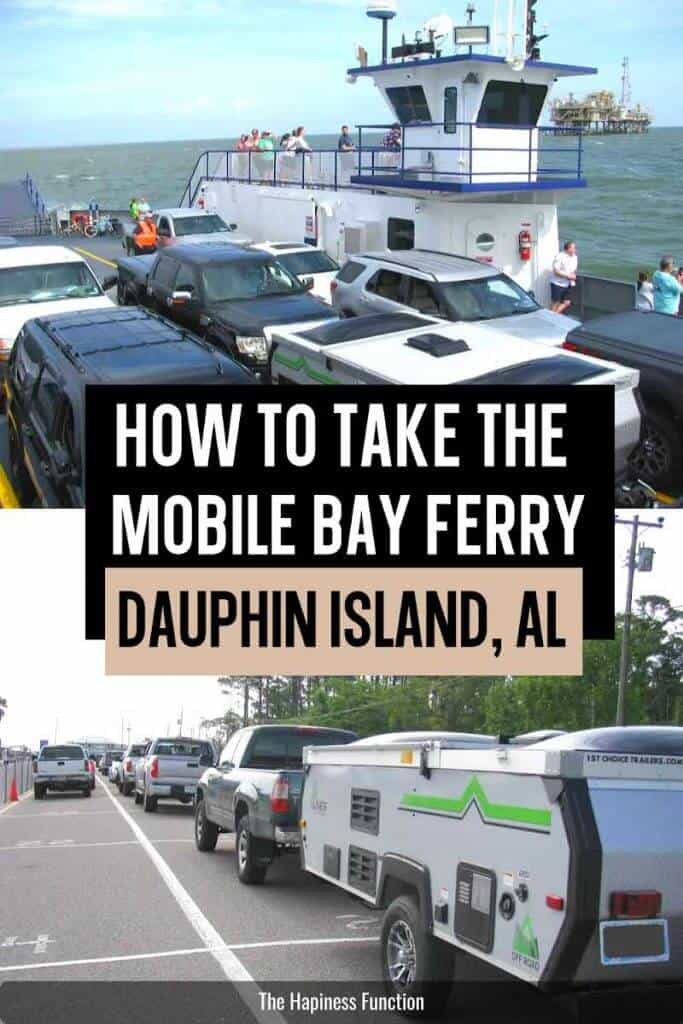top photo: Mobile Bay Ferry leaving Dauphin Island Alabama with cars and camper on board, bottom photo: cars waiting to board Mobile Bay Ferry