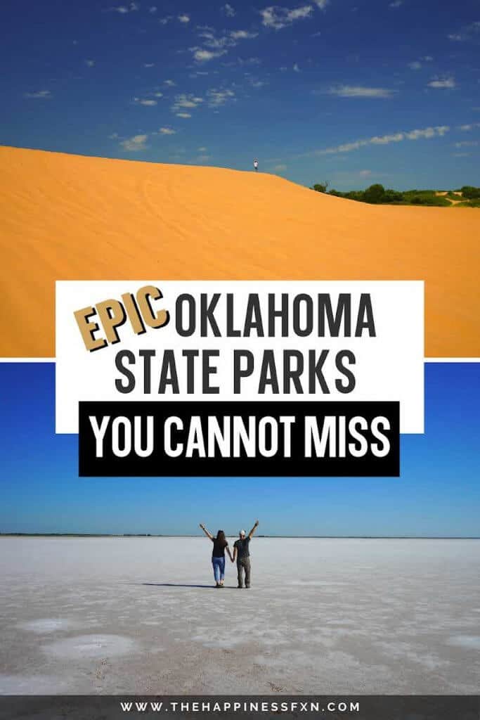 top photo: Girl standing on sand dune at Little Sahara State Park in Oklahoma, bottom photo: couple holding hands on white salt flats of Oklahoma’s Salt Plains State Park