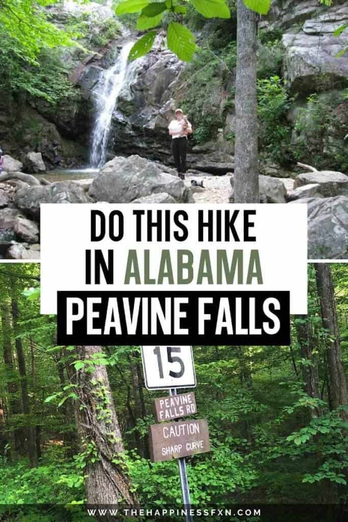 top photo: girl standing at the base of Peavine Falls in Alabama, bottom photo: Peavine Falls road signage in Oak Mountain State Park