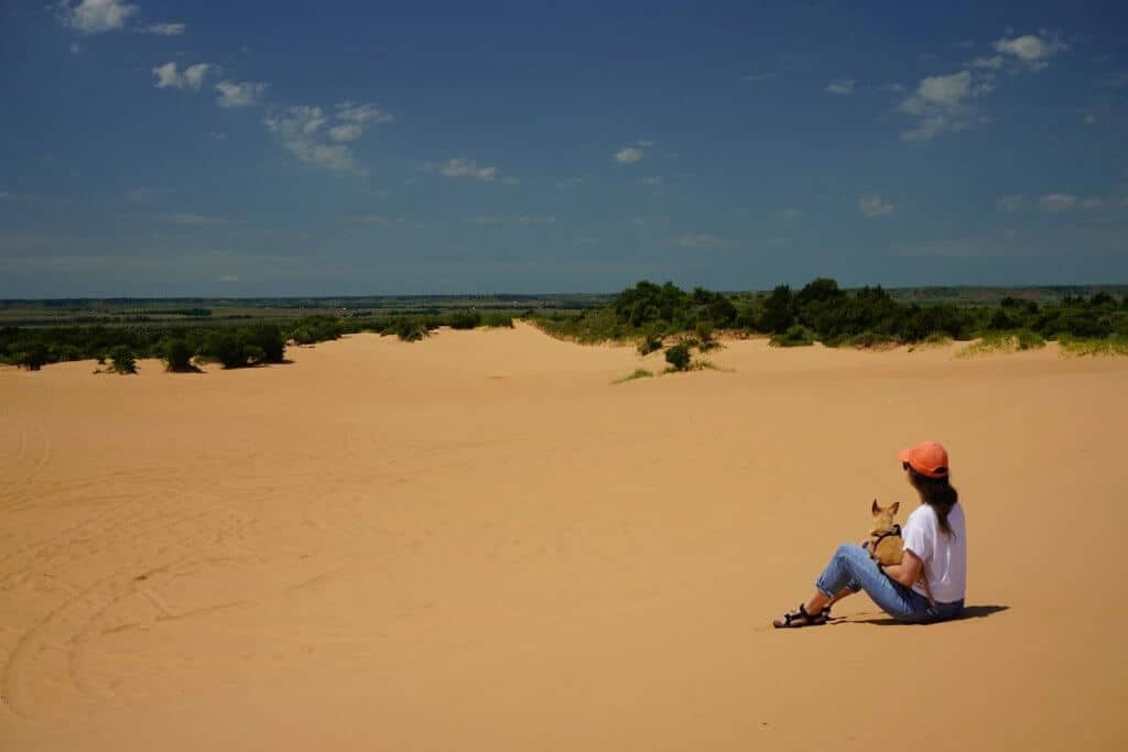 Girl sitting with little dog on the sand dunes at Little Sahara State Park.