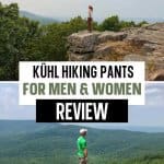 Top photo: girl standing on rocks with Kuhl hiking pants overlooking mountains, bottom photo: man standing on rocks with Kuhl hiking pants overlooking mountains