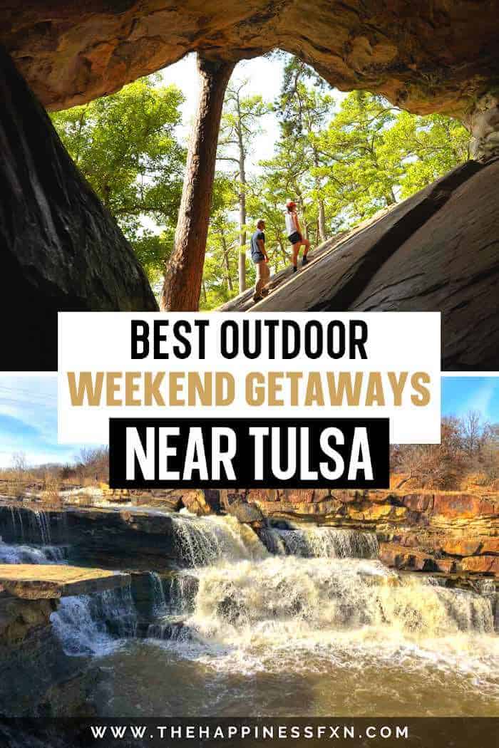 Top photo: Couple hiking outside of Robber’s Cave at Robber’s Cave State Park in Eastern Oklahoma, bottom photo: Bluestem Falls near Pawhuska, Oklahoma 45 minutes from Tulsa