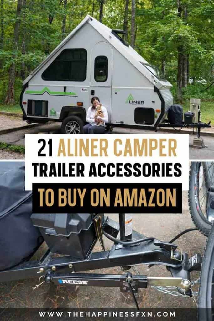 top photo: girl sitting with dog on steps of Aliner camper, bottom photo: Aliner camper accessories to tow safely