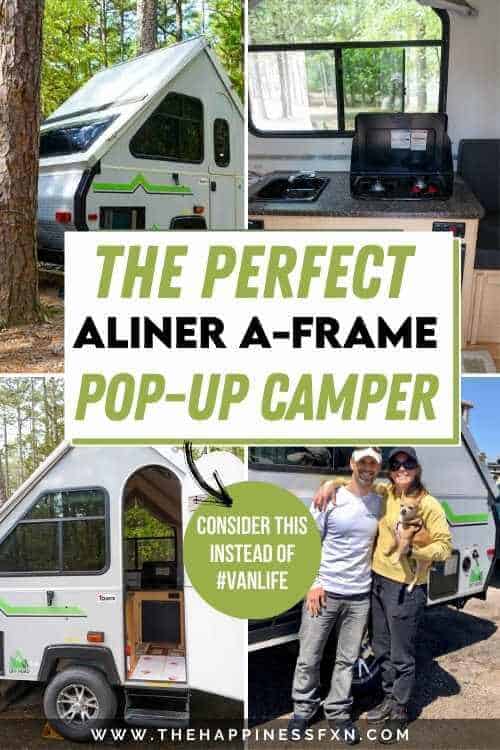top left photo: a-frame camper; top right photo: aliner interior with kitchen and stove; bottom left photo: inside of Aliner from outside; bottom right photo: couple buying small pop up camper