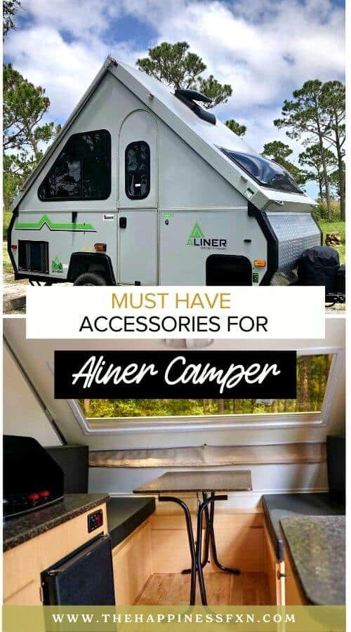 White Aliner Camper parked outside with overlay text must have accessories for Aliner Camper