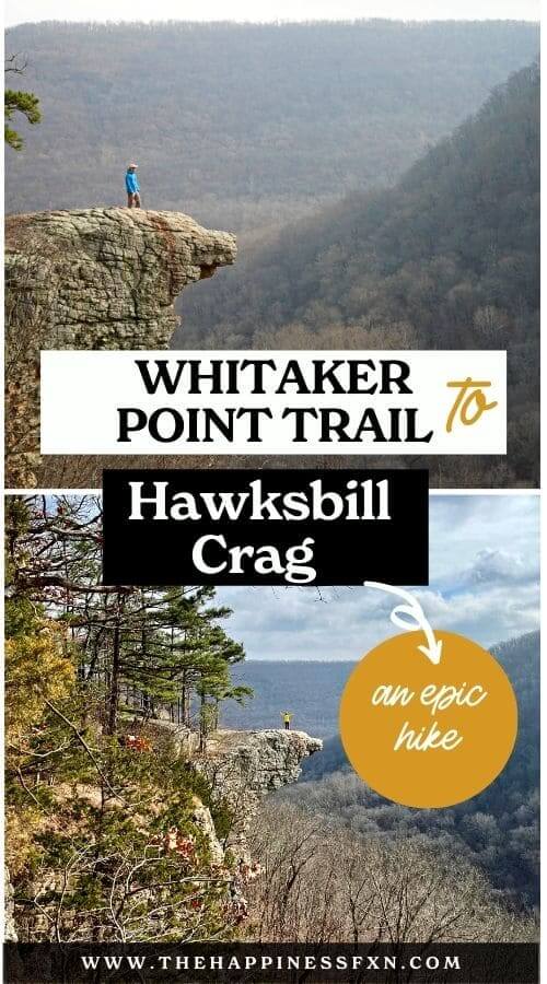 Outdoor view from cliffs with skyline with overlay text whitaker point trail to hawksbill crag