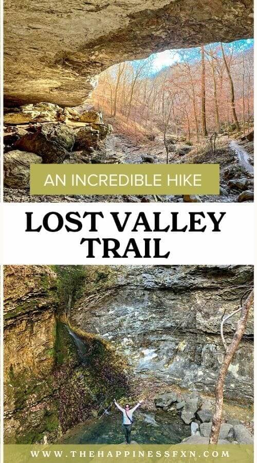 view of Eden Falls and Cob Cave with overlay text that says "an incredible hike: Lost Valley Trail"