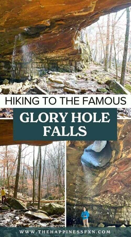 different viewpoints of Glory Hole Falls with overlay text that says "Hiking to the Famous Glory Hole Falls"