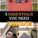 view of Yeti Yeti Tundra Cooler, a headlamp and portable phone charger with overlay text that says, "5 Essentials You NEED For Road Trips"