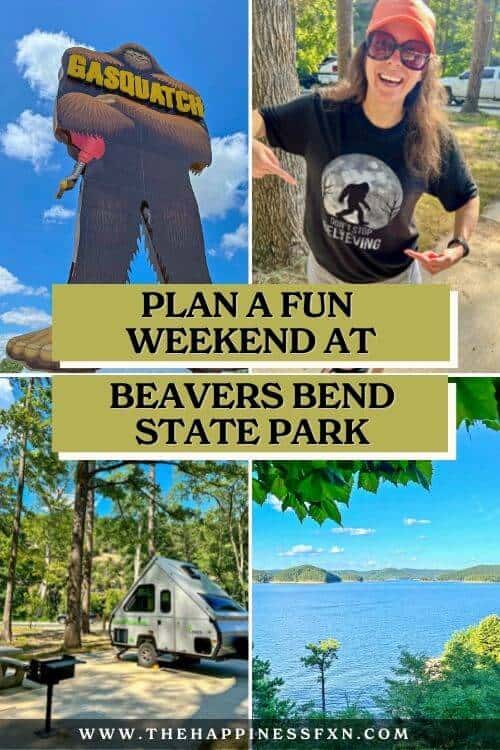 Sign for Gasquatch restaurant, a Bigfoot T-shirt at camp, RV in camping area and view of Broken Bow Lake