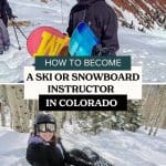 top photo: snowboard instructor; bottom photo: girl learning how to snowboard