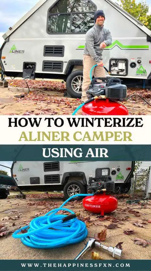 top photo: man standing in front of Aliner with air compressor; bottom photo: equipment needed to winterize camper