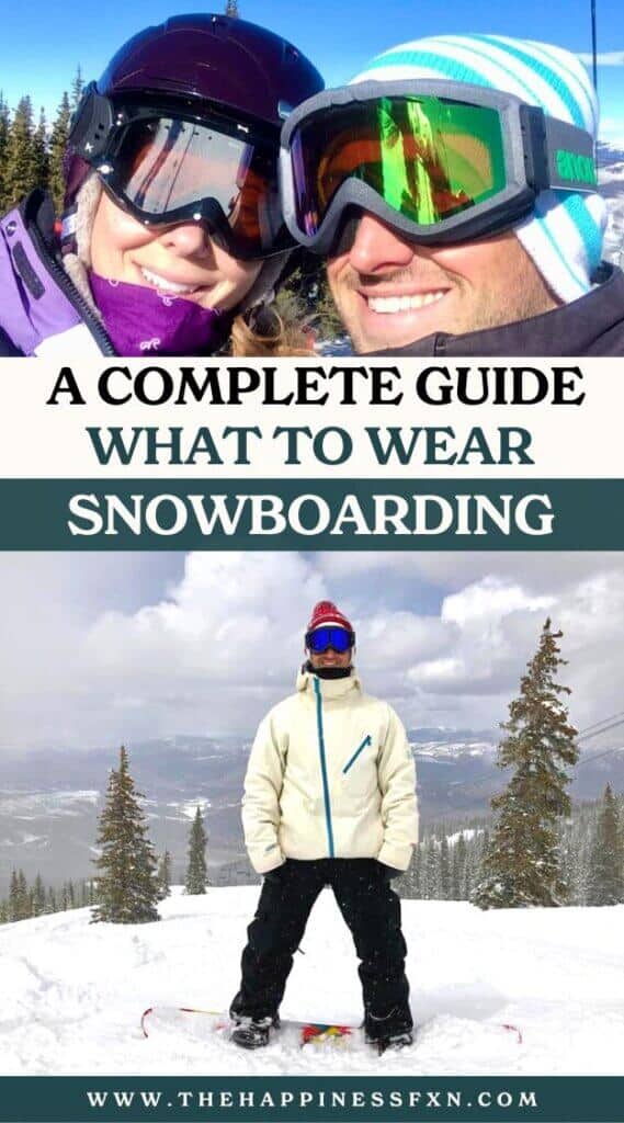 top photo: couple smiling on ski lift; bottom photo: man snowboarding