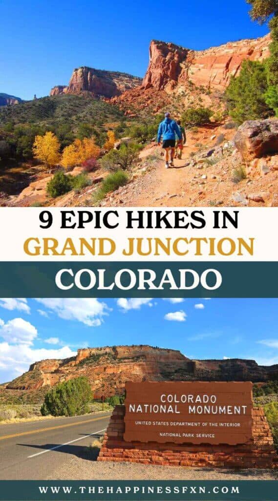top photo: hiking the Monument Loop Trail in the Colorado National Monument; bottom photo: Colorado National Monument entrance sign