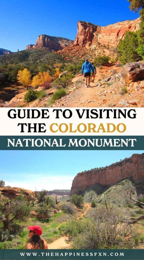 top photo: people hiking in the Colorado National Monument; bottom photo: girl hiking in the red rocks