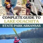 top left photo: man and dog at Lake Ouachita; top right photo: camping at Lake Ouachita State Park; bottom photo: kayaking at Lake Ouachita in Arkansas