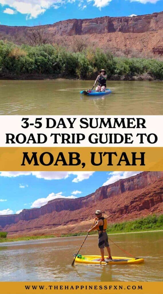 top photo: girl floating the Colorado River in Moab; bottom photo: man SUPing the Colorado River near Moab, Utah