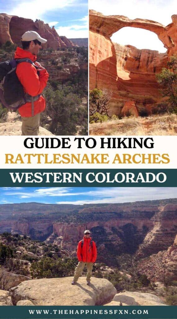 top left photo: hiker in McInnis Canyon; top right photo: one of the arches in Rattlesnake Arches; bottom photo: hiker in McInnis Canyons National Conservation Area