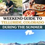 top left photo: hiking in Telluride; top right photo: eating pizza in Telluride; bottom photo: girl hiking in Telluride during the summer.