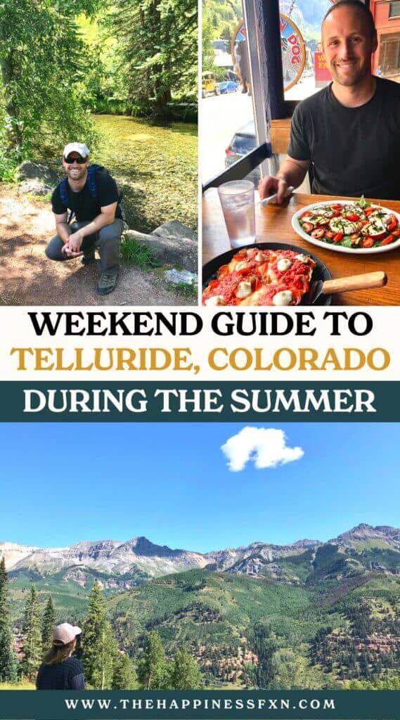 top left photo: hiking in Telluride; top right photo: eating pizza in Telluride; bottom photo: girl hiking in Telluride during the summer.