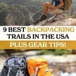 top photo: backpacker enjoying the views; bottom photos: backpacking gear, hiking bags with boots