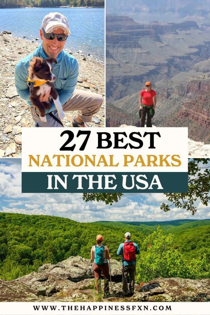 top left photo: hiker and dog by a lake; top right photo: hiker at Grand Canyon National Park; bottom photo: hikers enjoying the view at a national park