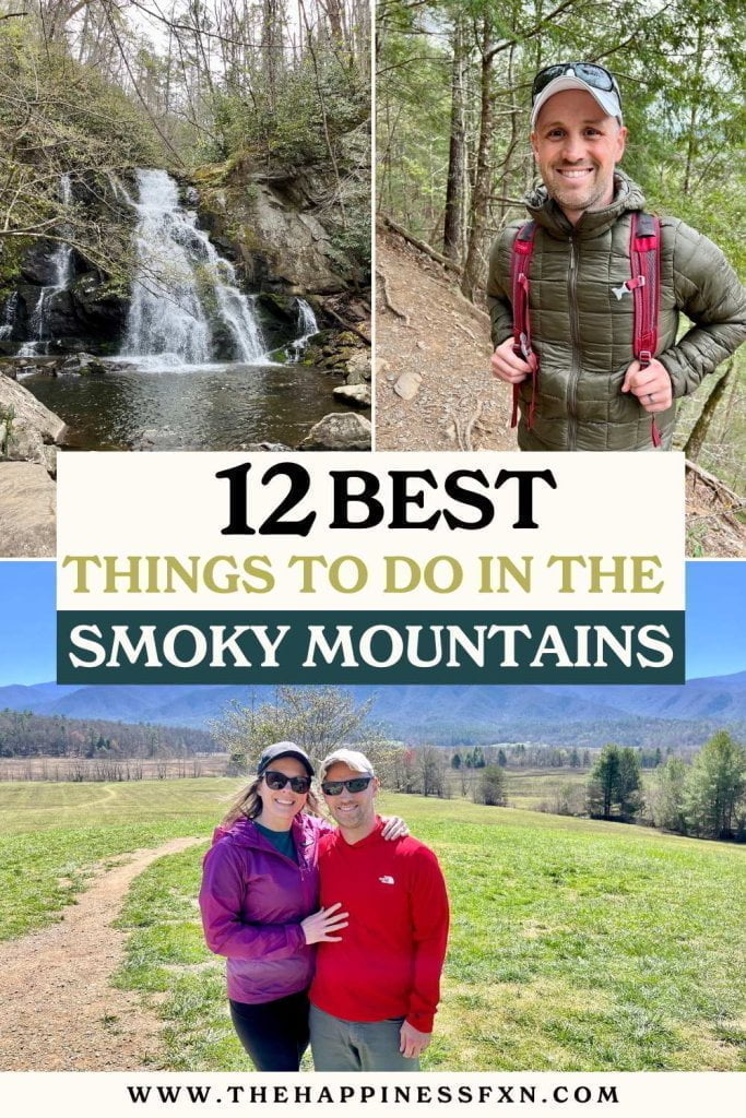 top left photo: Spruce Flats Trail; top right photo: hiking in Smoky Mountains National Park; bottom photo: couple sightseeing Cades Cover