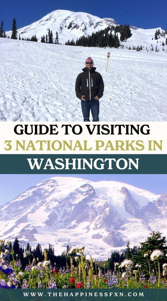 top image: Tourist at the sledding hill near Mt Rainier National Park in Washington; bottom photo: view of Mt Rainier