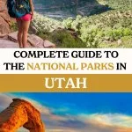 top photo: girl hiking at Zion National Park in Utah; bottom photo: sunset at Arches National Park in Utah