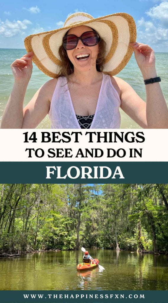 top photo: Happy lady at the beach on the Gulf; bottom photo: lady kayaking through the Everglades