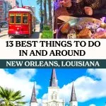 top left photo: New Orleans Street Car; top right photo: Lady enjoying oysters in NOLA; bottom photo: French Quarter New Orleans, Louisiana