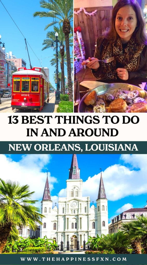 top left photo: New Orleans Street Car; top right photo: Lady enjoying oysters in NOLA; bottom photo: French Quarter New Orleans, Louisiana