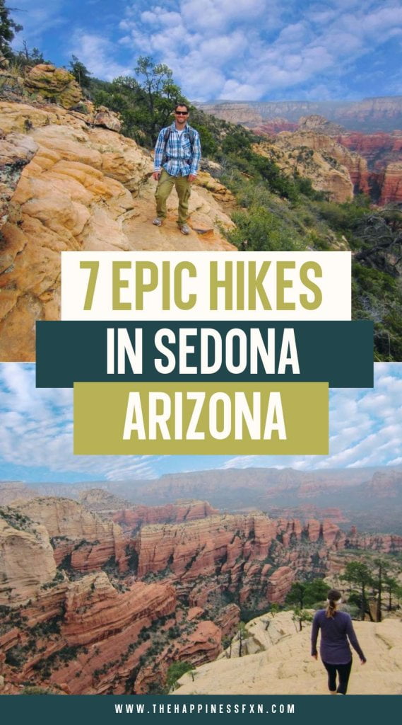 top photo: man hiking Bear Mountain in Sedona, Arizona; bottom photo: woman hiking in Sedona