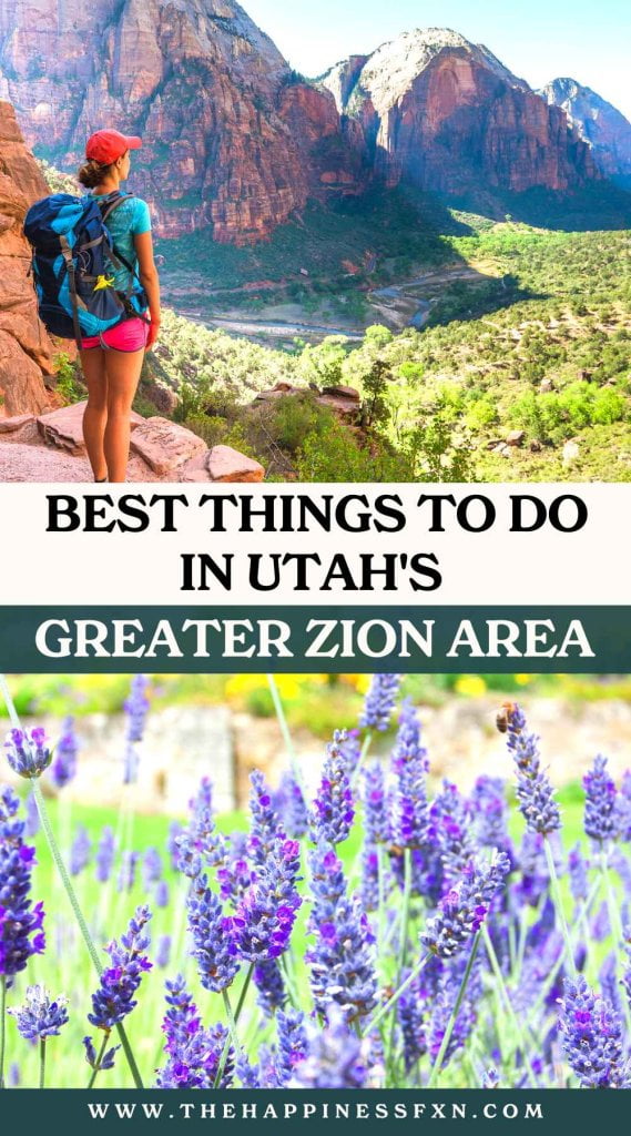 top photo: lady hiking in Zion National Park; bottom photo: lavender farm in Utah
