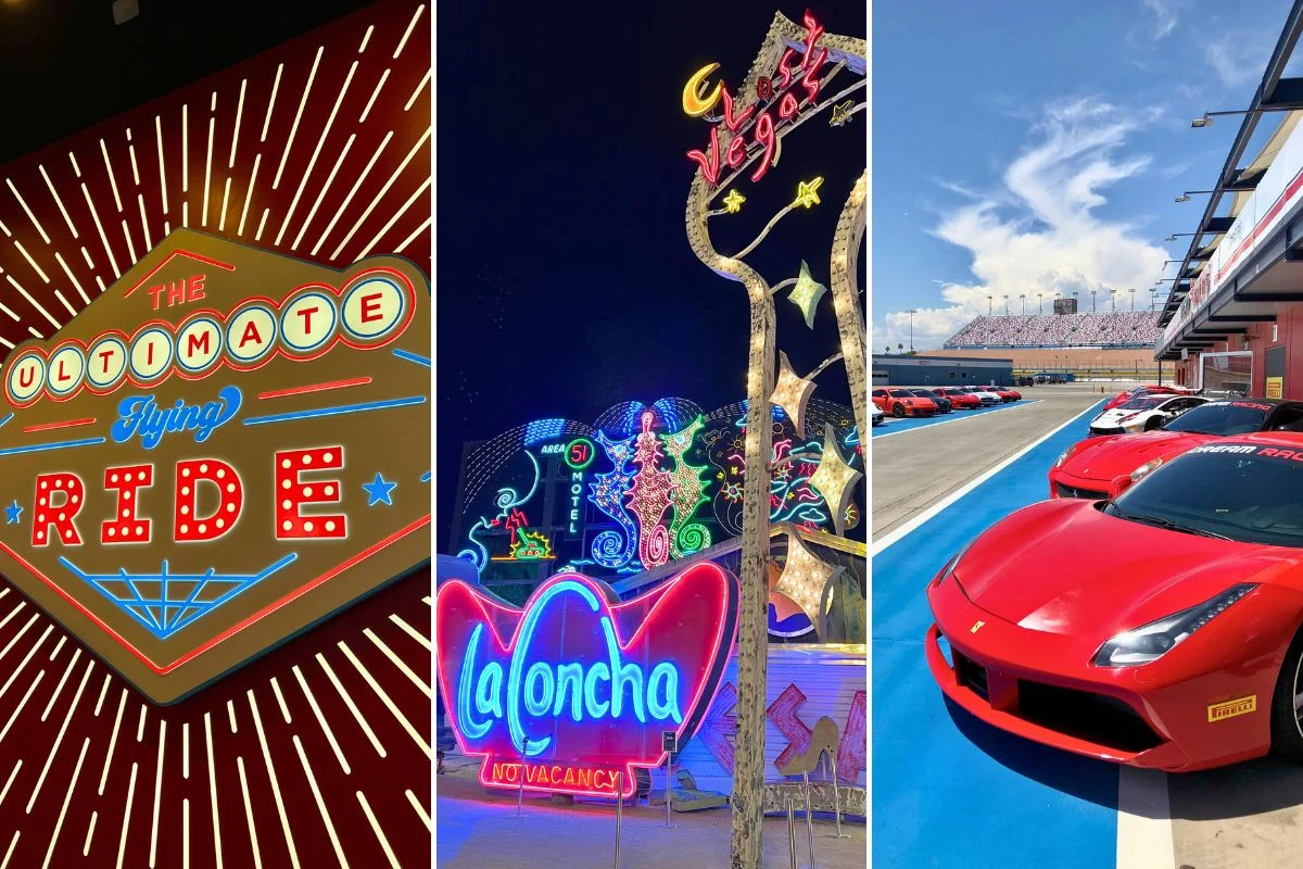 Left image: view of FlyOver sign; middle image: LaConcha Neon Museum signs; right image: Luxury cars at Las Vegas Motor Speedway.