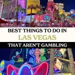 top photo: Las Vegas Strip at night; bottom photo: Neon Museum lite up at night.