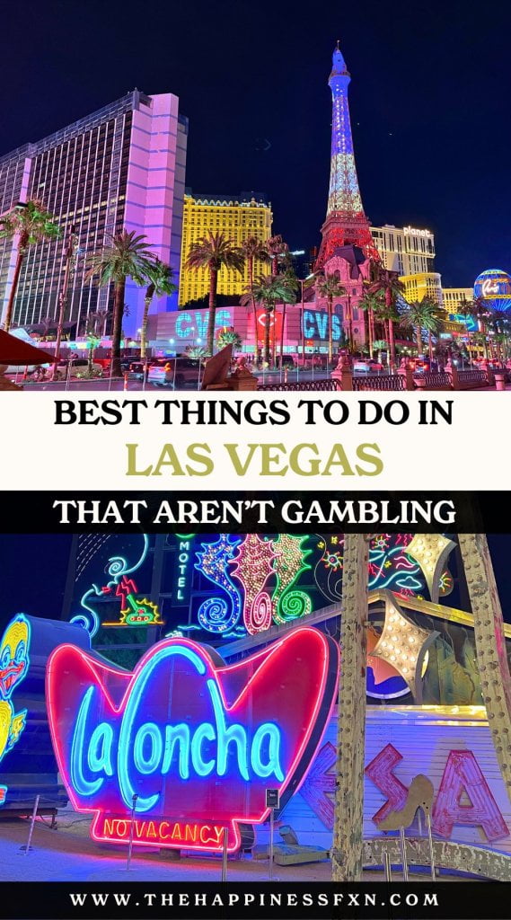 top photo: Las Vegas Strip at night; bottom photo: Neon Museum lite up at night.