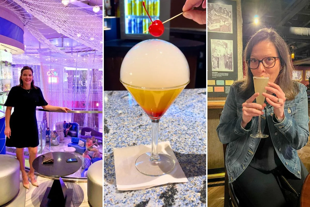 Left image: Lady at the Chandelier bar in Las Vegas; middle photo: cocktail at the Lost Cactus bar; right photo: lady drinking a cocktail at the Mob Museum speakeasy.