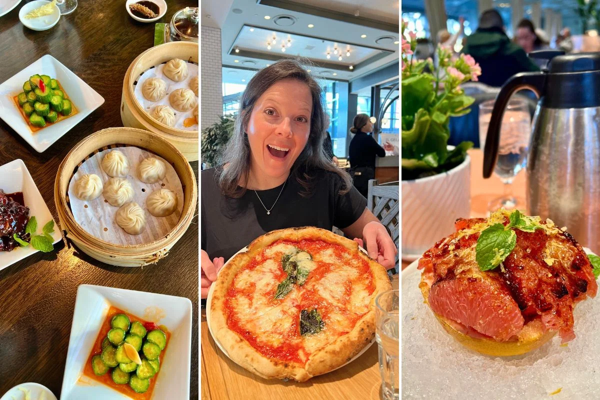 left image: Din Tai Fung small asian food plates; middle photo: lady eating pizza in Vegas; right photo: grapefruit brule from Sadelle's in Vegas.