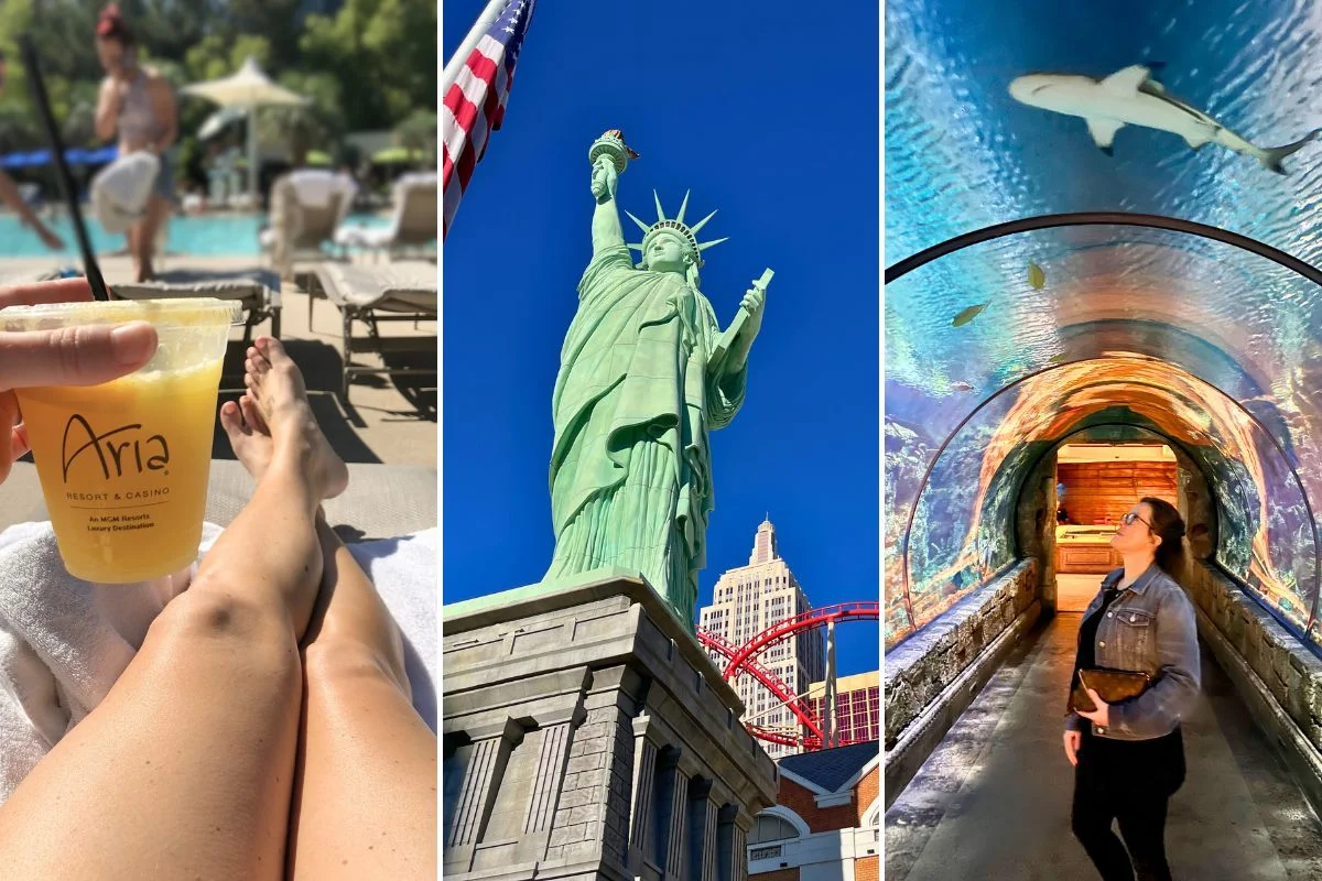 Left image: Lady enjoying a drink at the Aria pool; middle image: Statue of Liberty Replica at the New York-New York; right image: Lady standing in the Shark Reef Aquarium tunnel with sharks swimming over her.